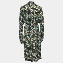 Pre Owned Diane Von Furstenberg Multicolor Chain Print Jersey Button Front Belted Dress M