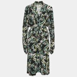 Pre Owned Diane Von Furstenberg Multicolor Chain Print Jersey Button Front Belted Dress M