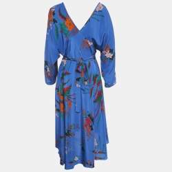 Pre Owned Diane Von Furstenberg Blue Printed Silk Wrap Detail Midi Dress S