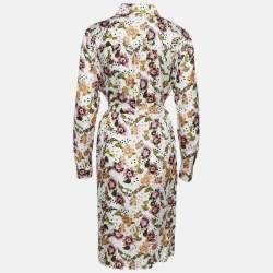 Pre Owned Diane Von Furstenberg White Printed Silk Belted Shirt Dress L