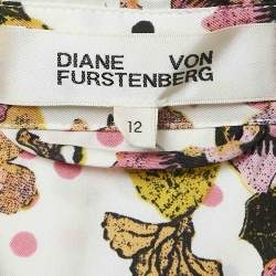 Pre Owned Diane Von Furstenberg White Printed Silk Belted Shirt Dress L