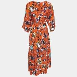 Pre Owned Diane Von Furstenberg Orange Floral Print Silk Wrap Detail Midi Dress M