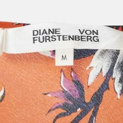 Pre Owned Diane Von Furstenberg Orange Floral Print Silk Wrap Detail Midi Dress M