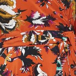 Pre Owned Diane Von Furstenberg Orange Floral Print Silk Wrap Detail Midi Dress M