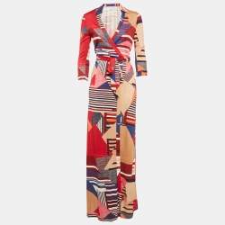 Diane Von Furstenberg Multicolor Geometric Print Silk Abigail Wrap Maxi Dress M