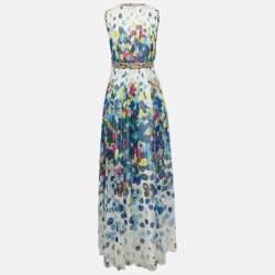 Pre Owned Diane Von Furstenberg White/Blue Floral Print Silk Lelani Maxi Dress S