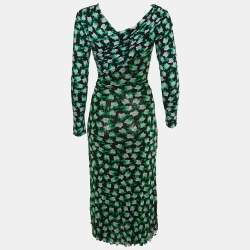 Pre Owned Diane Von Furstenberg Black Floral Print Jersey & Mesh Leia Midi Dress S