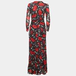 Diane Von Furstenberg Black Floral Print Jersey Long Sleeve Maxi Dress L 