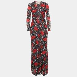 Diane Von Furstenberg Black Floral Print Jersey Long Sleeve Maxi Dress L 