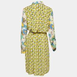Diane Von Furstenberg Yellow Printed Crepe Belted Midi Dress L