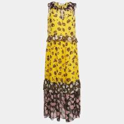 Diane von Furstenberg Yellow Floral Print Silk Long Dress S