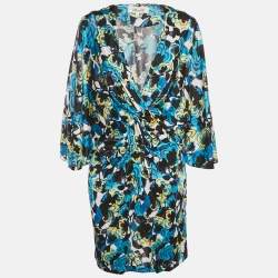 Diane Von Furstenberg Blue Printed Jersey Twist-Front Emmaline Mini Dress M