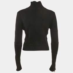 Pre Owned Diane Von Furstenberg Black Wool Knit Ruffled Zip-Up Madelyne Cardigan S