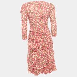 Diane Von Furstenberg Pink Printed Mesh Ruched Dress M