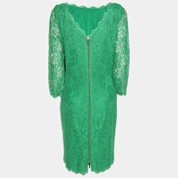 Pre Owned Diane Von Furstenberg Green Lace Full Sleeves Midi Dress L
