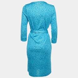 Pre Owned Diane Von Furstenberg Blue Printed Silk Short Wrap Dress M