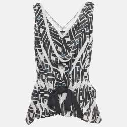 Pre Owned Diane Von Furstenberg Black Printed Silk Pleated Sade Top S