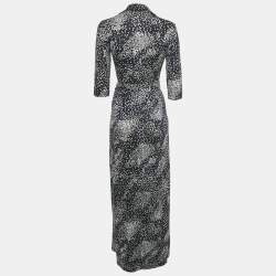 Pre Owned Diane Von Furstenberg Midnight Blue Printed Silk Jersey Wrap Dress S