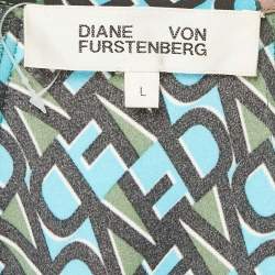 Pre Owned Diane Von Furstenberg Blue Printed Crepe Wrap Effect Eloise Midi Dress L