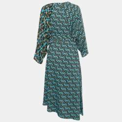 Pre Owned Diane Von Furstenberg Blue Printed Crepe Wrap Effect Eloise Midi Dress L