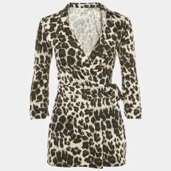 Pre Owned Diane Von Furstenberg Animal Print Cotton Wrap Around Playsuit XS 