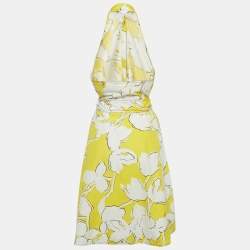 Pre Owned Diane Von Furstenberg Yellow /White Printed Cotton Halter Neck Short Dress M
