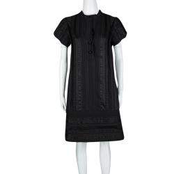Pre Owned Diane Von Furstenberg Black Striped Jacquard Presley Shift Dress M