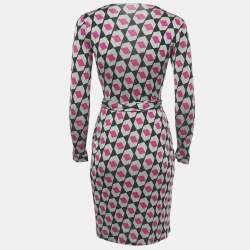 Pre Owned Diane Von Furstenberg Pink/Green Jersey New Julian Wrap Dress XS