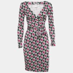 Pre Owned Diane Von Furstenberg Pink/Green Jersey New Julian Wrap Dress XS