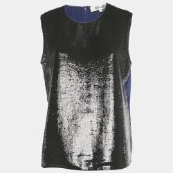 Pre Owned Diane Von Furstenberg Black/Blue Sequined Satin Sleeveless Blouse M