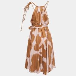 Pre Owned Diane Von Furstenberg Brown/Pink Printed Silk Naro Dress M