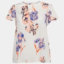 Pre Owned Diane Von Furstenberg White Floral Print Silk Flutter Sleeve Top XS