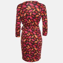 Pre Owned Diane Von Furstenberg Black Lips Print Silk Jersey Wrap Dress M