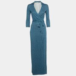 مملوكة مسبقًا Diane Von Furstenberg Blue Printed Silk Wrap Around Maxi Dress XS