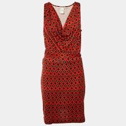 Pre Owned Diane Von Furstenberg Brick Red Printed Silk Keesa Sleeveless Dress L