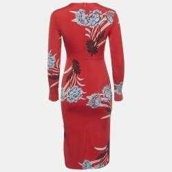 مملوكة مسبقًا Diane Von Furstenberg Red Floral Print Crepe Midi Dress XS