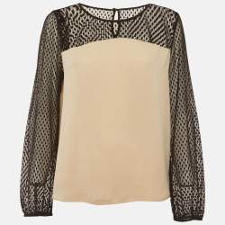 Pre Owned Diane Von Furstenberg Beige/ Black Silk Sheer Long Sleeve Blouse L