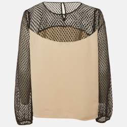 Pre Owned Diane Von Furstenberg Beige/ Black Silk Sheer Long Sleeve Blouse L