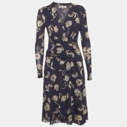 مملوكة مسبقًا Diane Von Furstenberg Navy Blue Floral Print Jersey Wrap Midi Dress M