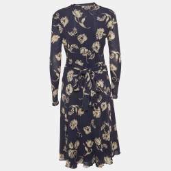 مملوكة مسبقًا Diane Von Furstenberg Navy Blue Floral Print Jersey Wrap Midi Dress M