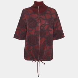مملوكة مسبقًا Diane Von Furstenberg Red Rose Pattern Zip-Up Knitwear M