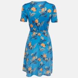 Pre Owned Diane Von Furstenberg Blue Floral Print Silk Wrap Dress S
