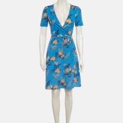 Pre Owned Diane Von Furstenberg Blue Floral Print Silk Wrap Dress S