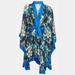 Pre Owned كيمونو ديان فون فرستنبرغ بطبعة زهور قطنية ممزوجة باللون الأسود مقاس صغير (سمول)