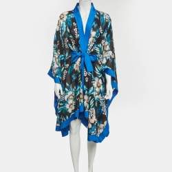 Pre Owned Diane Von Furstenberg Black Floral Print Cotton Blend Kimono S