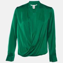 Pre Owned Diane Von Furstenberg Green Silk Issie Cross Over Front Blouse M