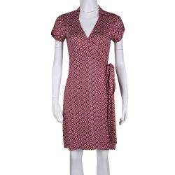 Pre Owned Diane Von Furstenberg Burgundy and White Printed Jilda Two Wrap Dress S