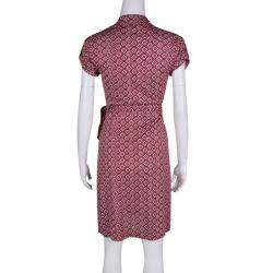 Pre Owned Diane Von Furstenberg Burgundy and White Printed Jilda Two Wrap Dress S