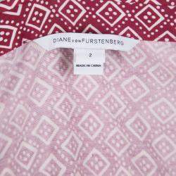 Pre Owned Diane Von Furstenberg Burgundy and White Printed Jilda Two Wrap Dress S
