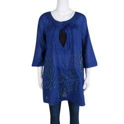مملوكة مسبقًا Diane Von Furstenberg Blue Seersucker Beaded Applique Detail Tunic M